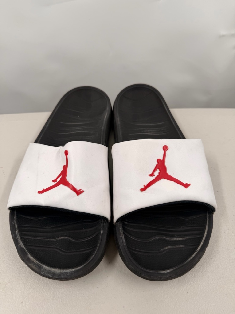 Jordan Slide Sandals with Red Jumpman on White Strap and Black Footbed Mens 13